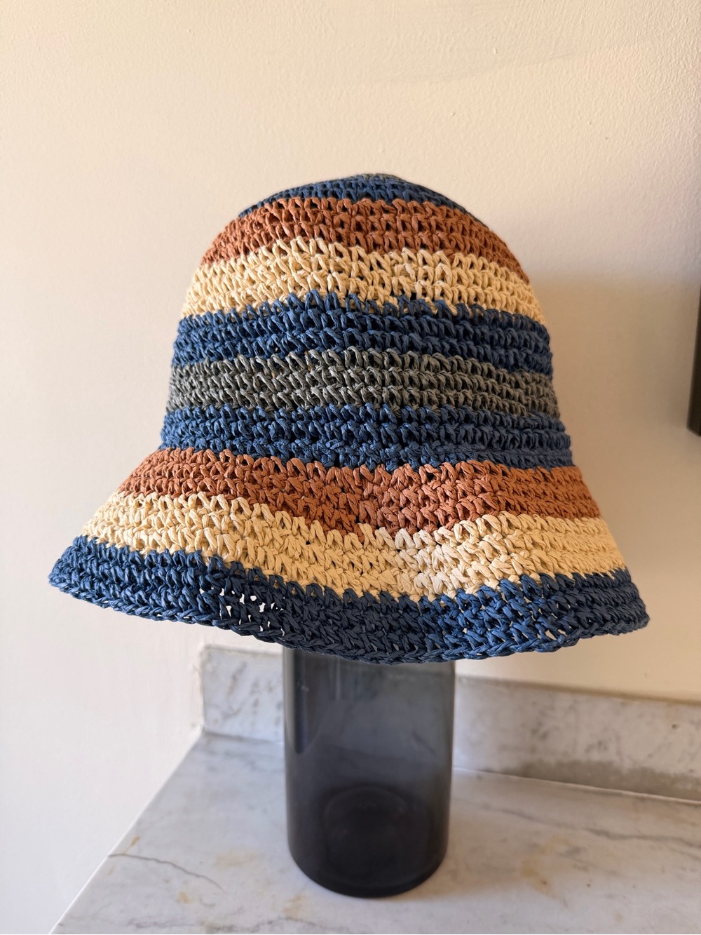 H&M Striped Crochet Bucket Hat — Blue, Cream & Brown